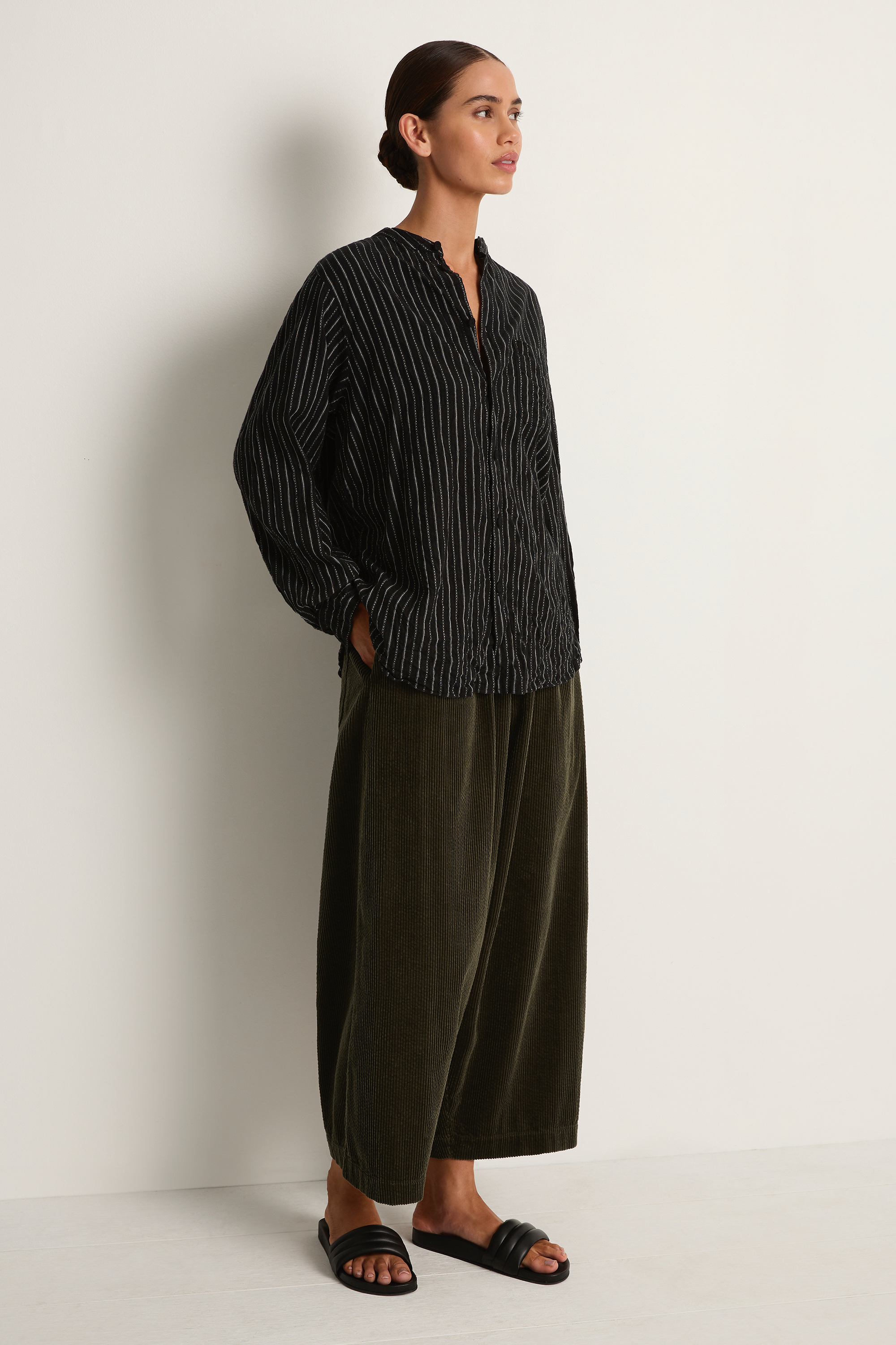 Pas De Calais Doby Stripe Shirring Brushed Blouse - Black