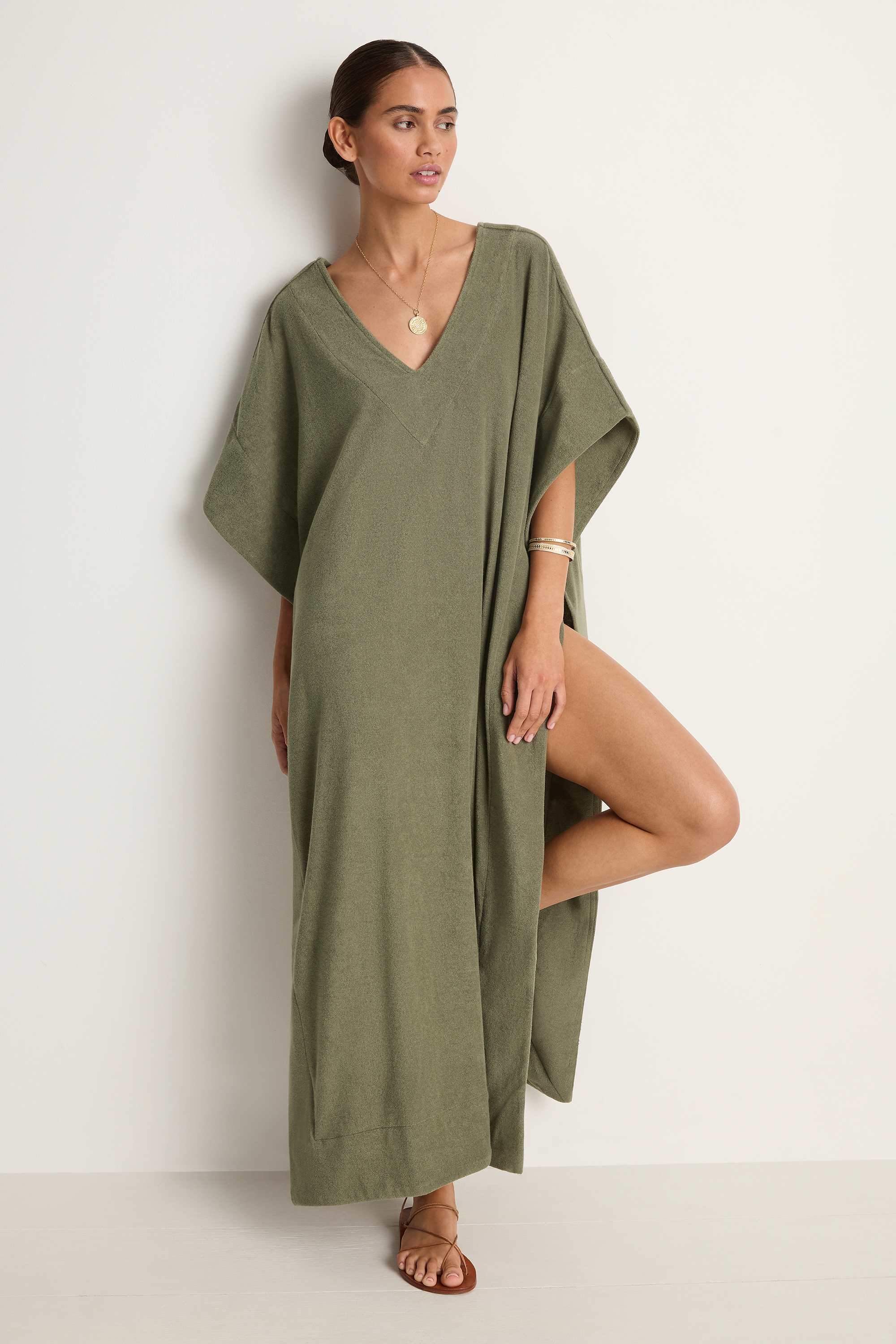 Simone Fan Long Open Kaftan Thin Shaved Terry - Olive