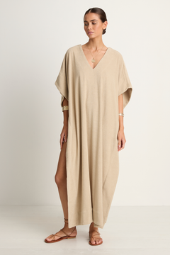 Simone Fan Long Open Kaftan Thin Shaved Terry - Sand