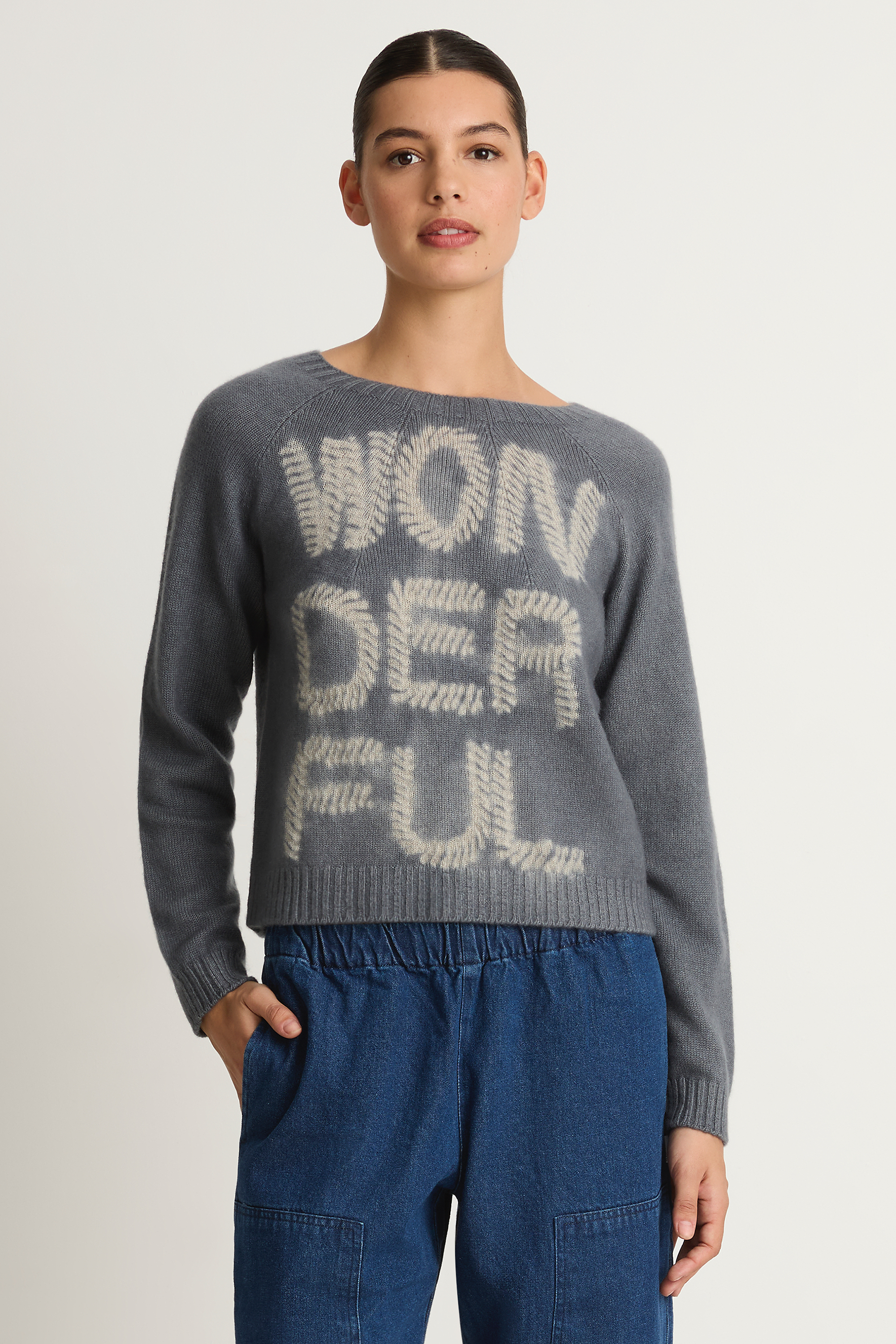 Suzusan Cashmere Seamless Short Pullover - Makinui Shibori "Wonderful Silver Grey / Light Grey