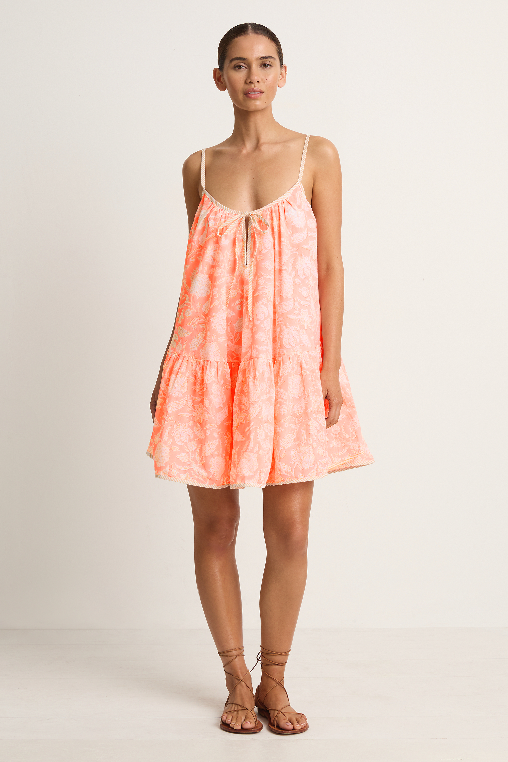 Juliet Dunn Pomegranate Print Loose Strappy Mini Dress - Neon Red