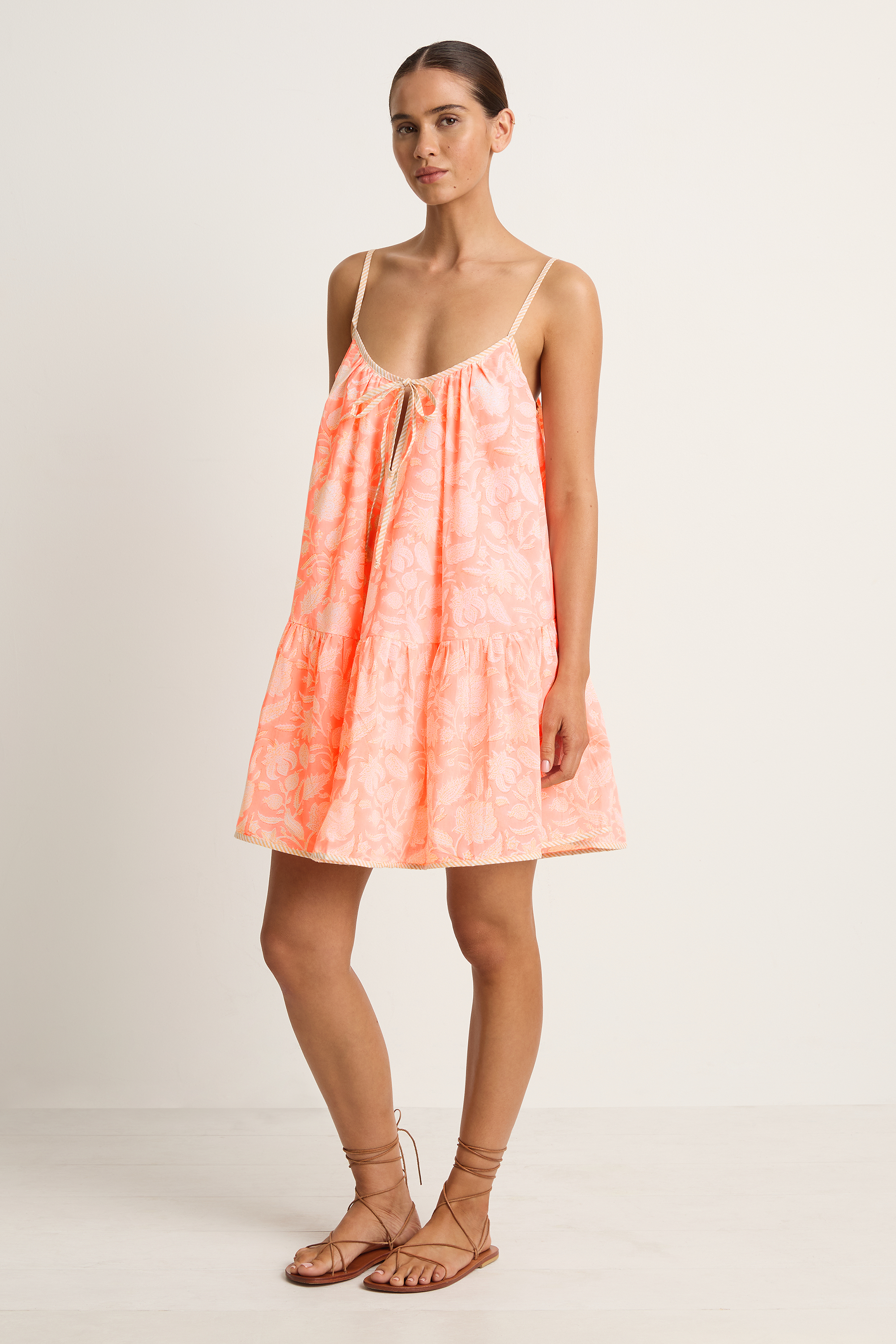 Juliet Dunn Pomegranate Print Loose Strappy Mini Dress - Neon Red