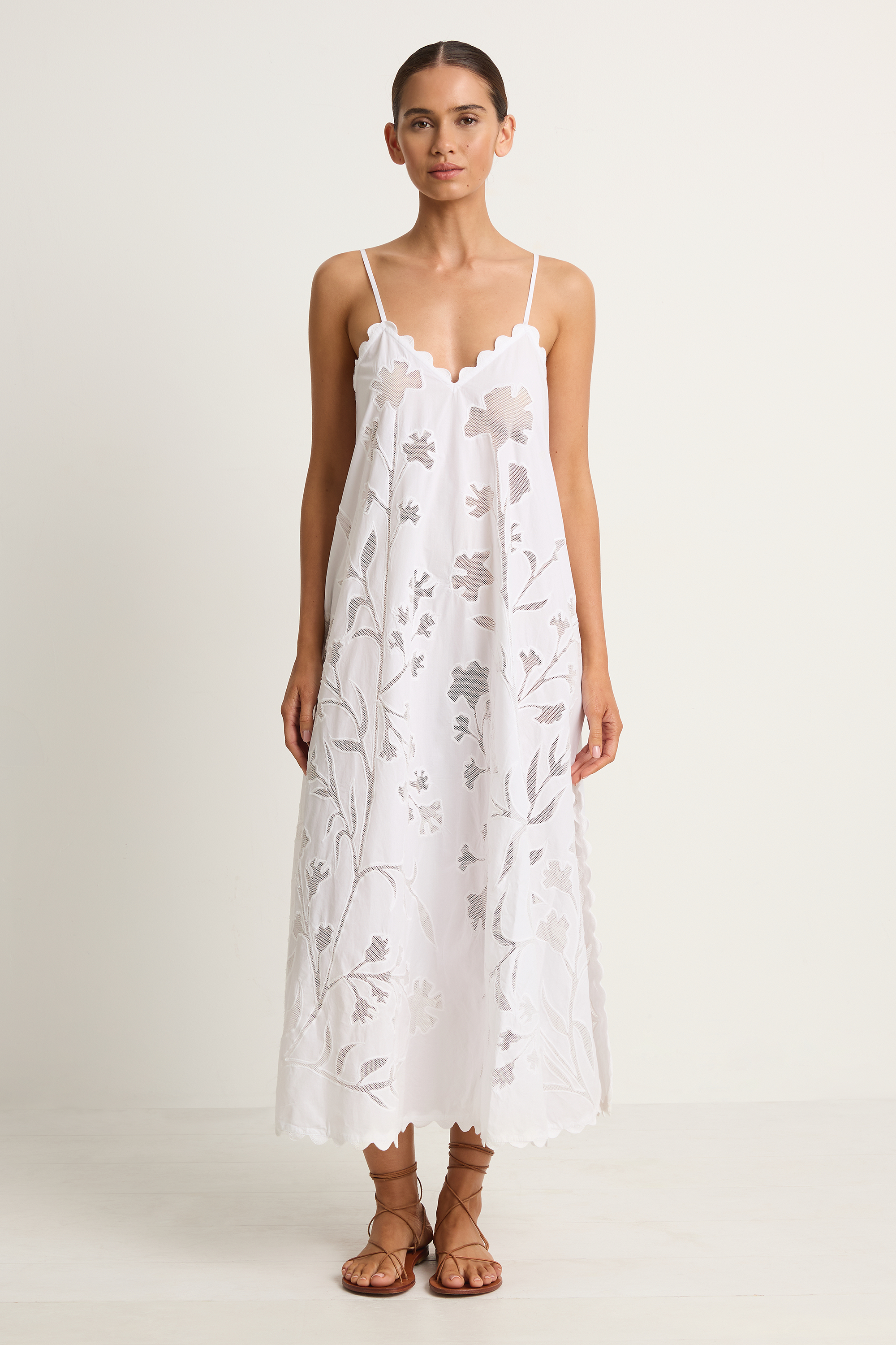 Juliet Dunn Poplin & Net Floral Cutwork Slip Dress with Ric Rac - White