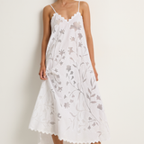 Juliet Dunn Poplin & Net Floral Cutwork Slip Dress with Ric Rac - White