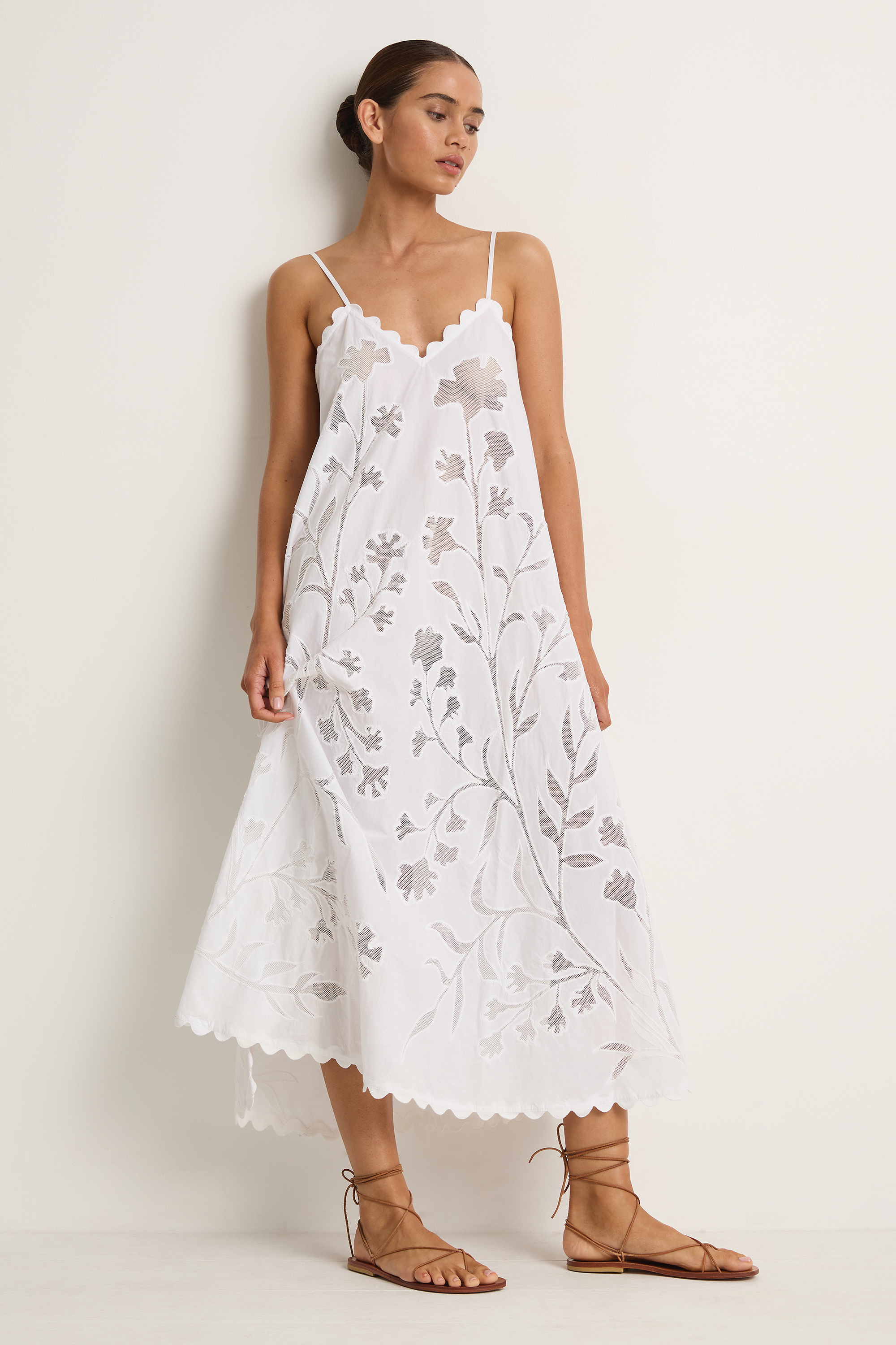 Juliet Dunn Poplin & Net Floral Cutwork Slip Dress with Ric Rac - White