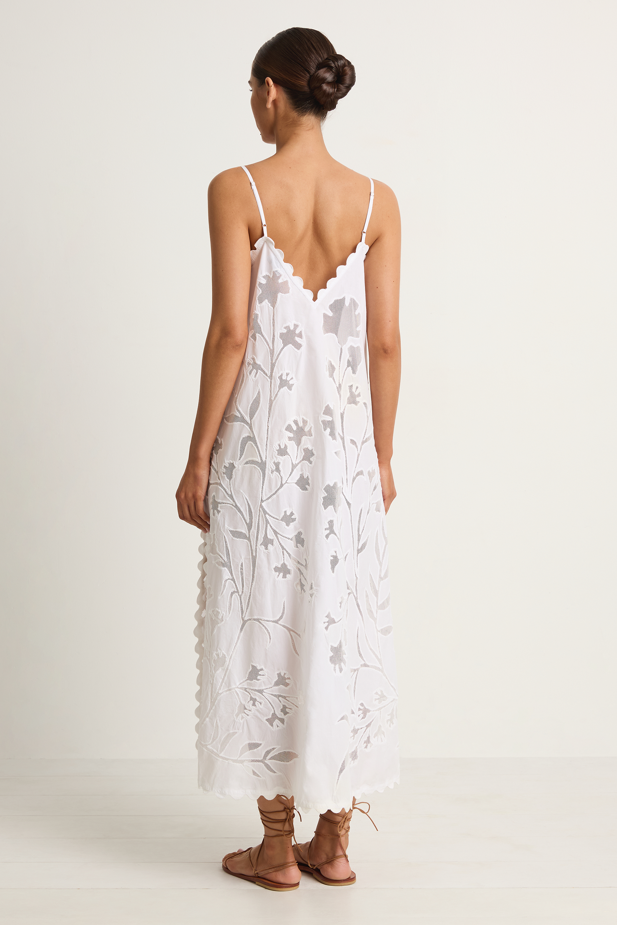 Juliet Dunn Poplin & Net Floral Cutwork Slip Dress with Ric Rac - White