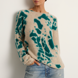 Suzusan Cashmere Seamless Long Pullover - Madara Shibori Dark Teal / Sand