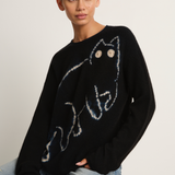 Suzusan Cashmere Seamless Long Pullover - Mokume Shibori Cat Black / Sand