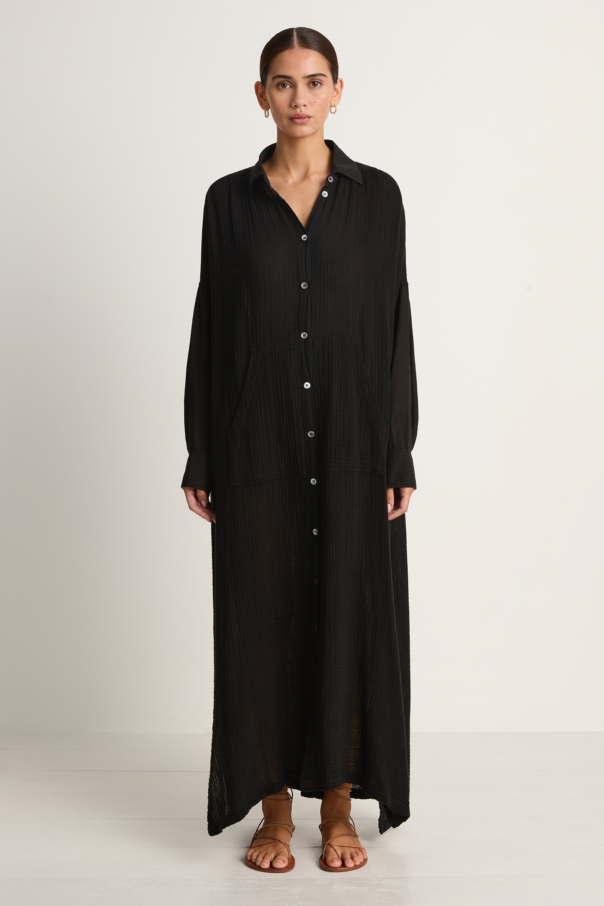 Raquel Allegra Gauze Caftan Shirt Dress - Black