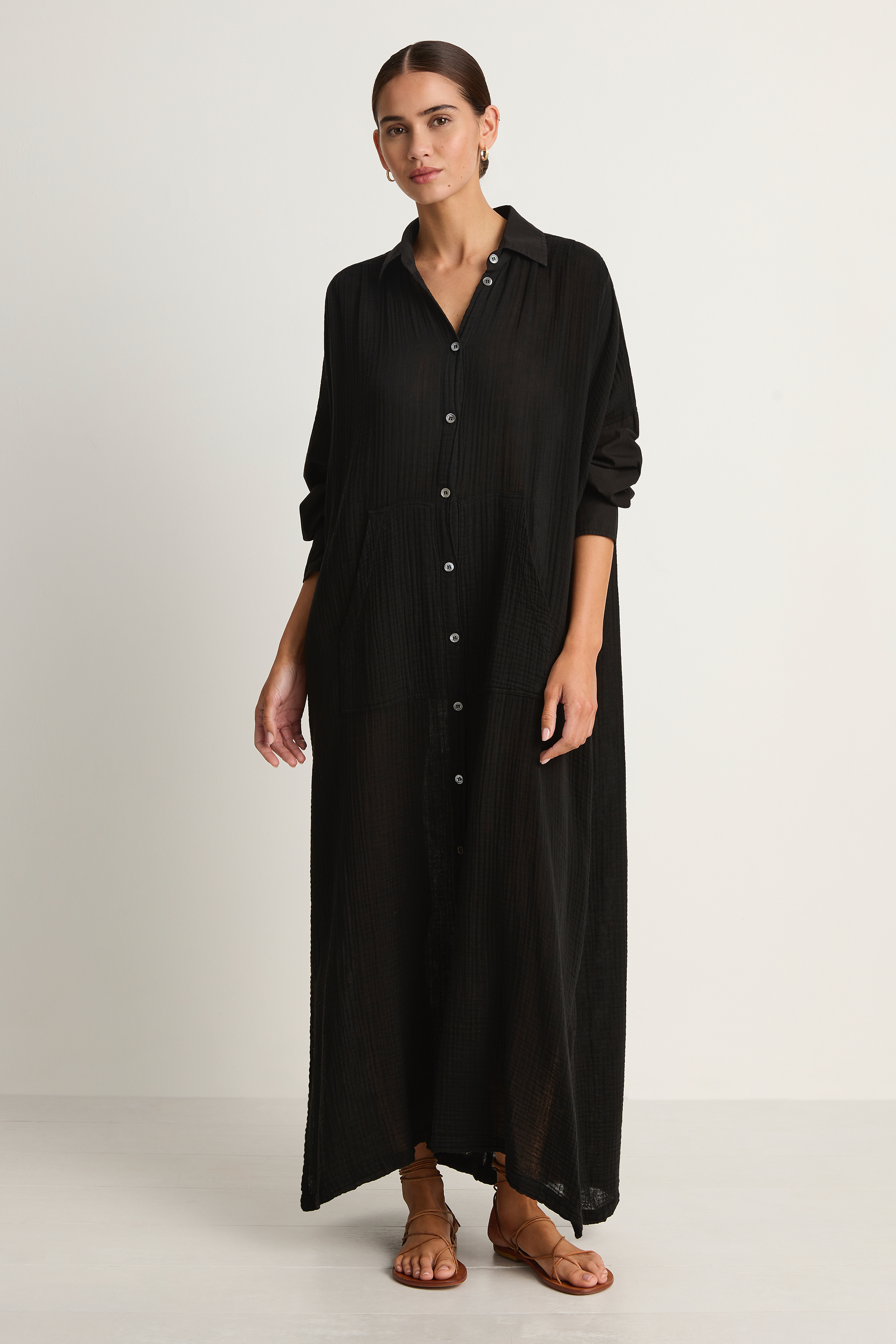 Raquel Allegra Gauze Caftan Shirt Dress - Black