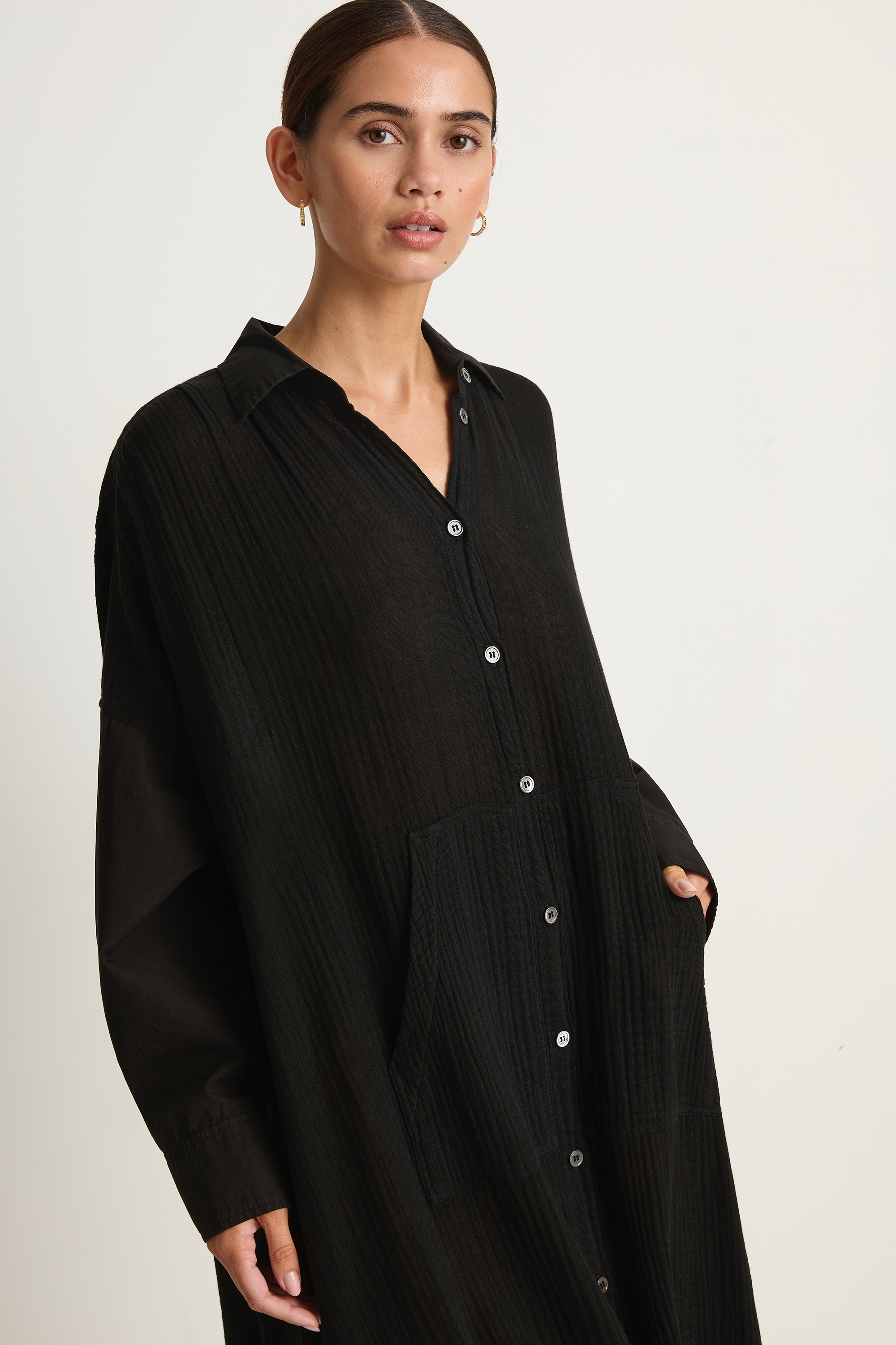 Raquel Allegra Gauze Caftan Shirt Dress - Black