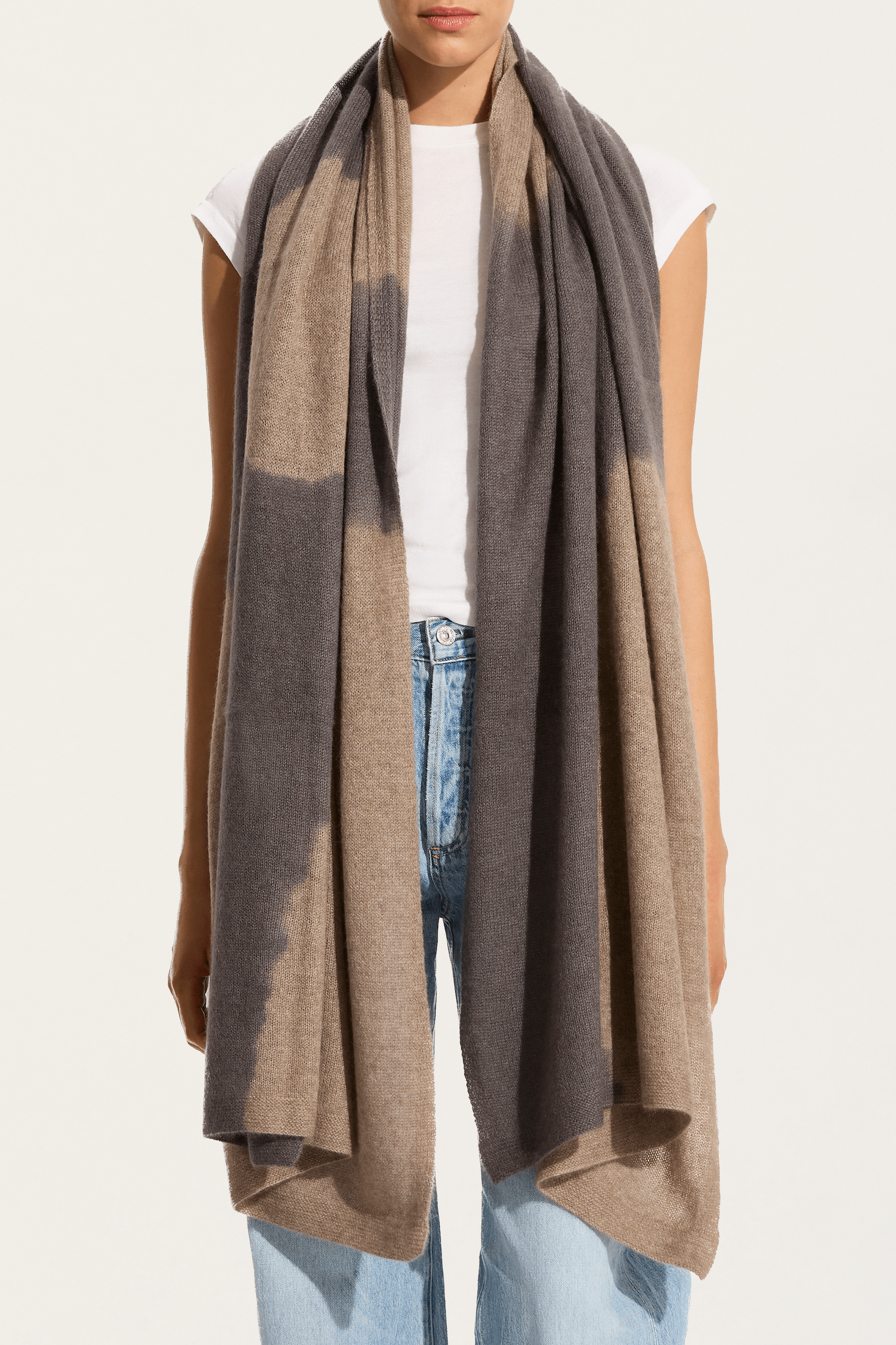 Suzusan Cashmere Shawl - Silver Grey / Light Coffee Dot