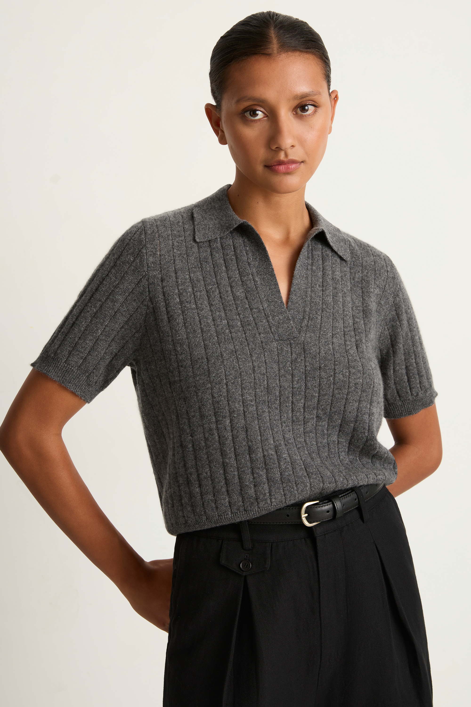 Demylee Skylar Polo Cashmere Top - Dark Heather Grey