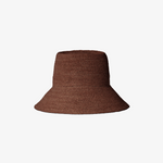 Brown raffia bucket hat on a white background