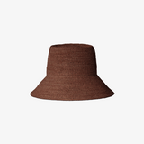 Brown raffia bucket hat on a white background
