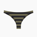 Black and khaki striped bikini bottom on a white background