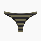 Black and khaki striped bikini bottom on a white background