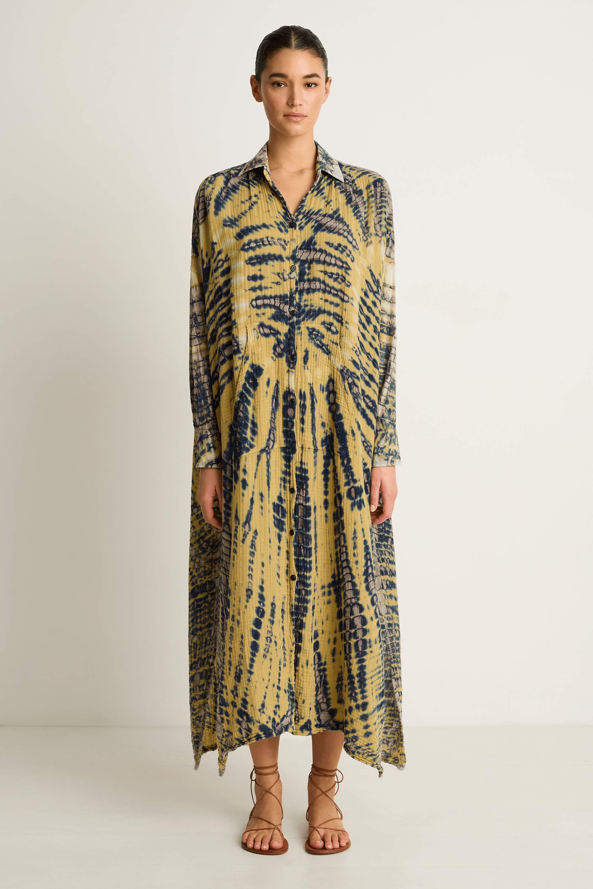 Raquel Allegra Gauze Caftan Shirt Dress - Yellow Navy