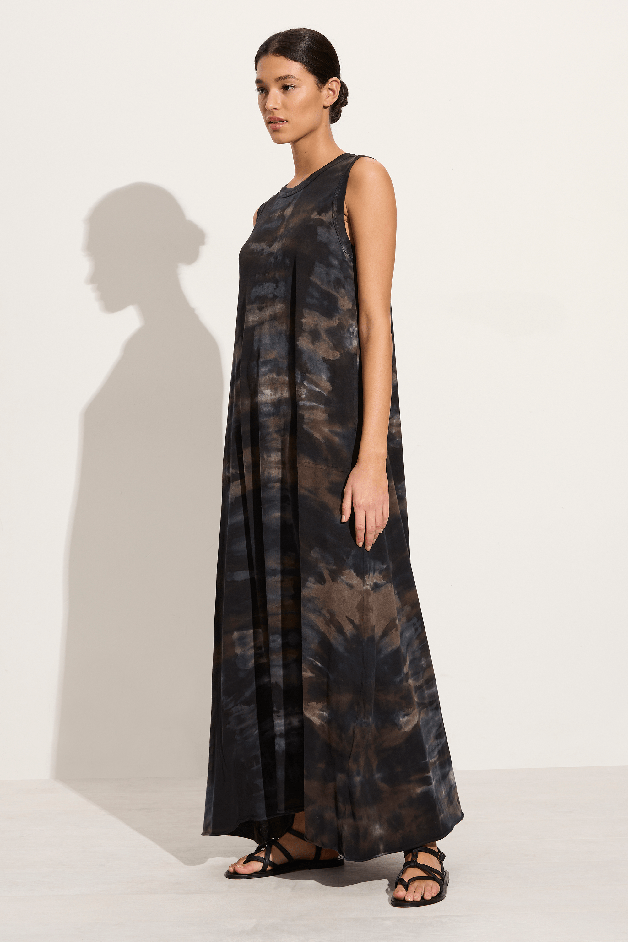 Raquel Allegra Sleeveless Drama maxi dress in camo tie dye