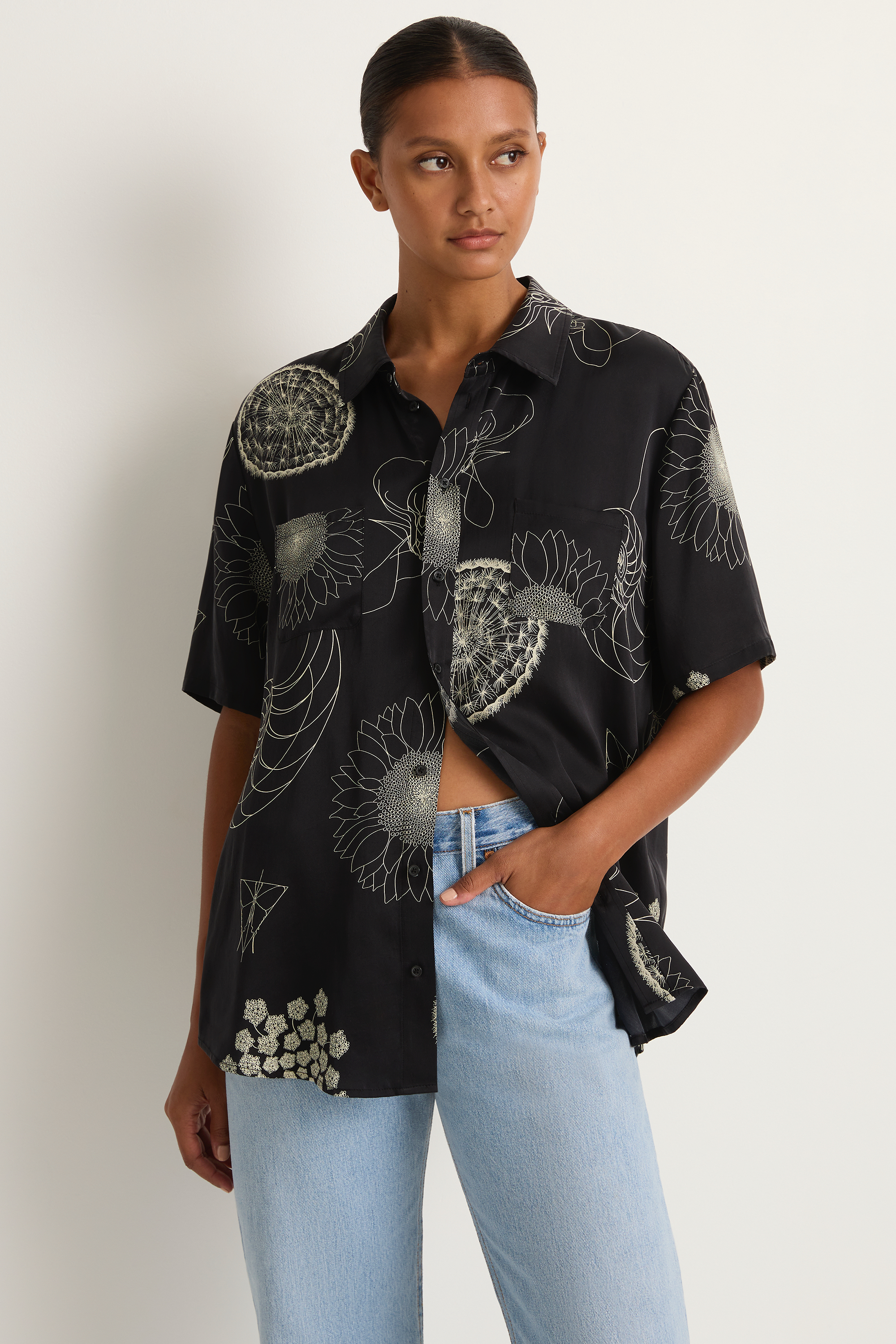 Silk Laundry Short Sleeve Boyfriend shirt - Fibonacci Black