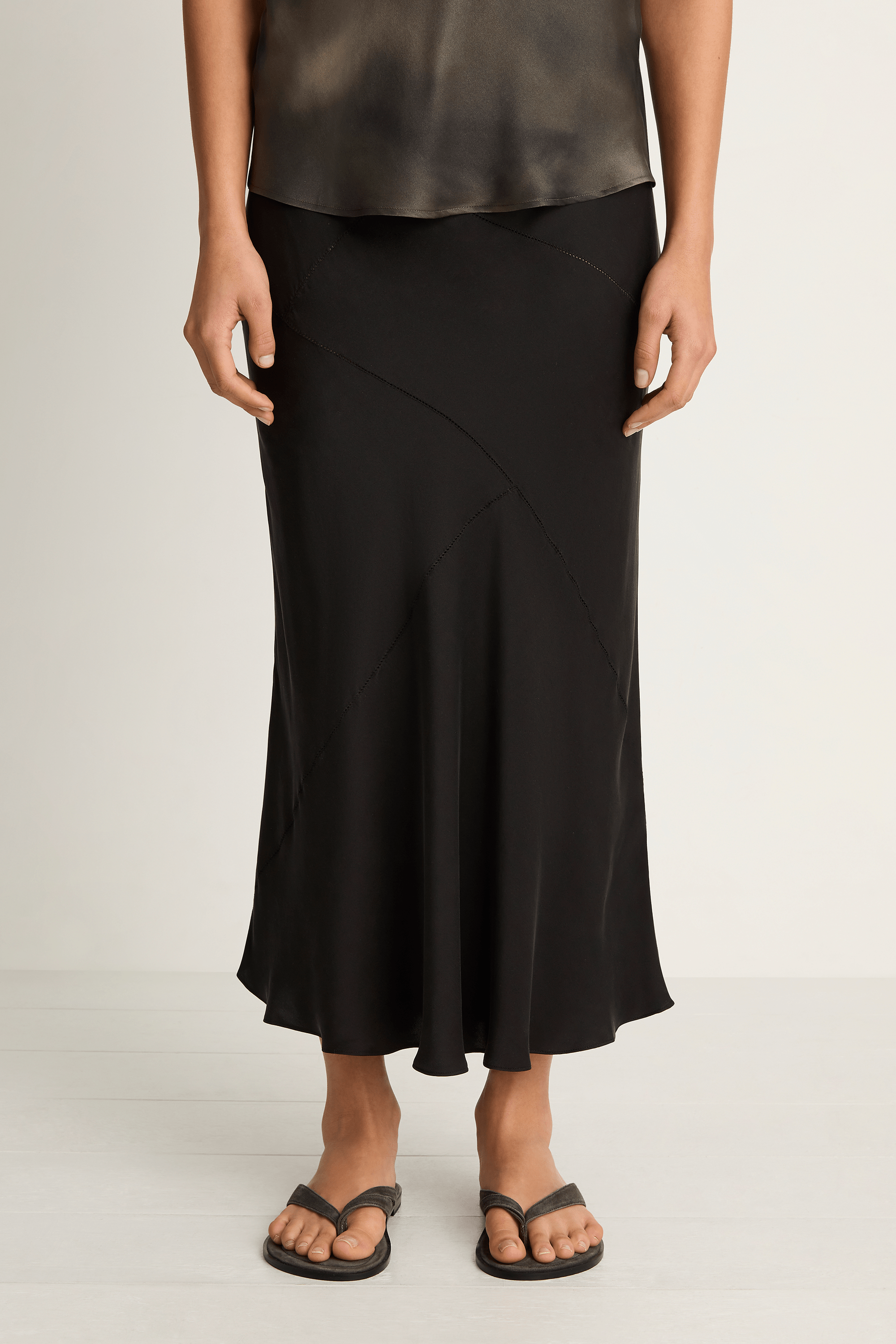 Silk Laundry Splice Long Bias Cut Skirt - Black