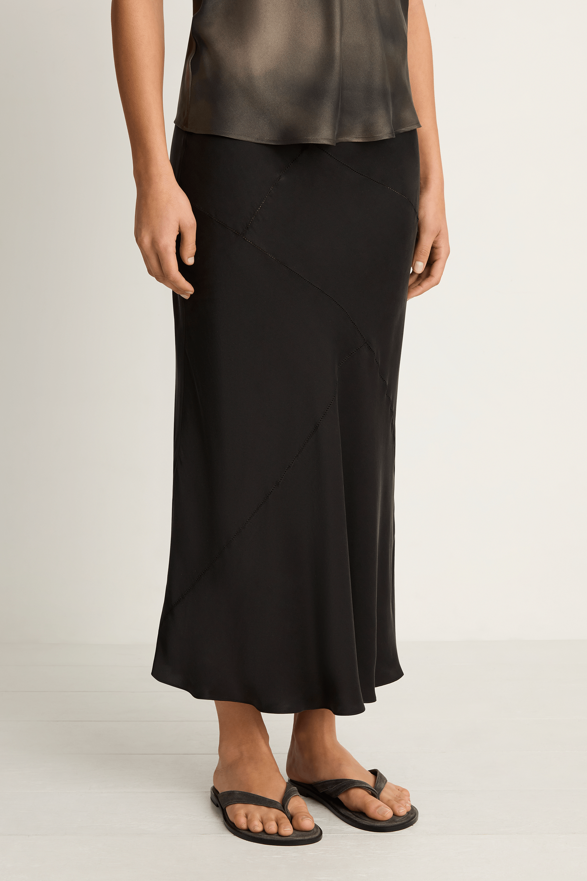 Silk Laundry Splice Long Bias Cut Skirt - Black