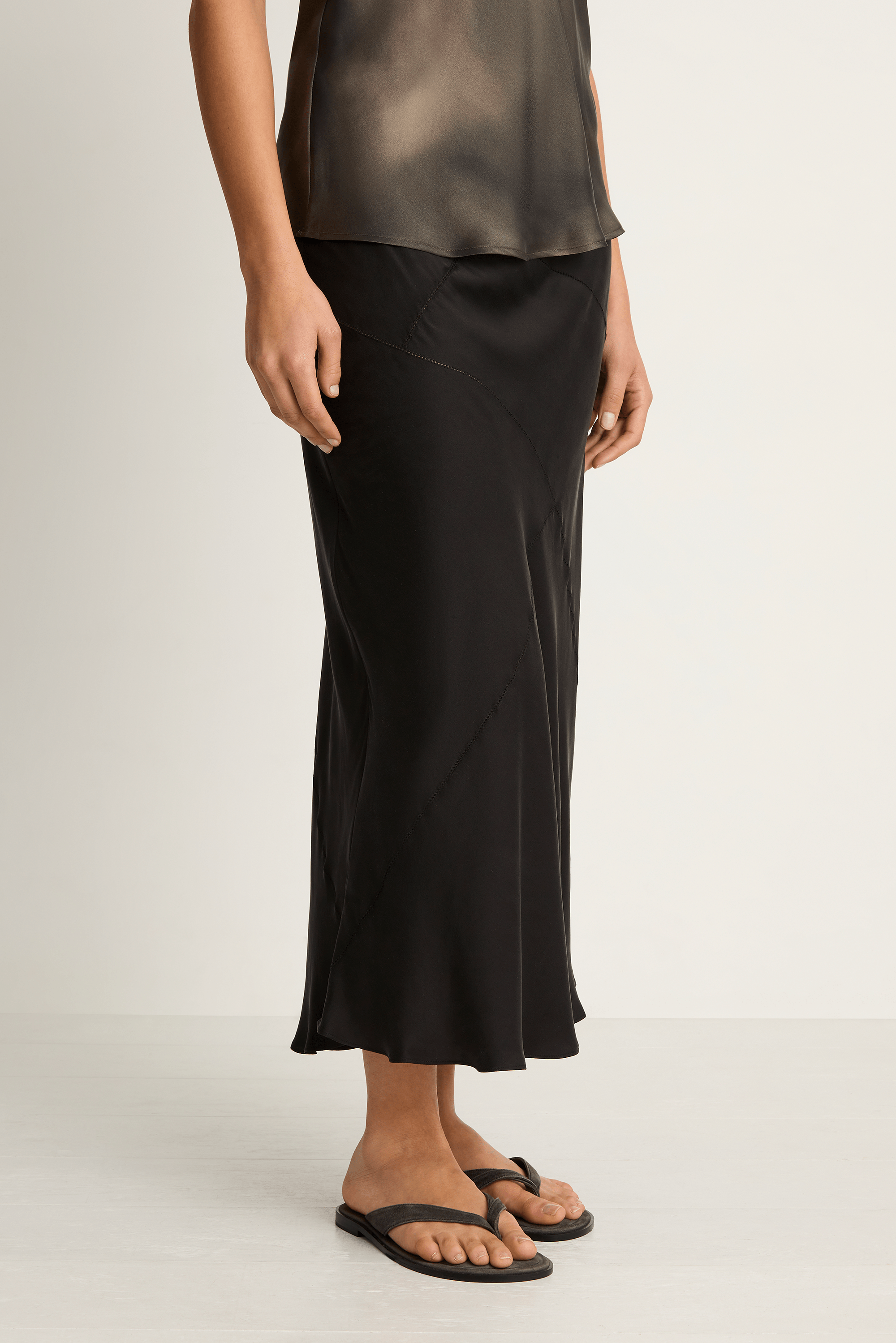 Silk Laundry Splice Long Bias Cut Skirt - Black