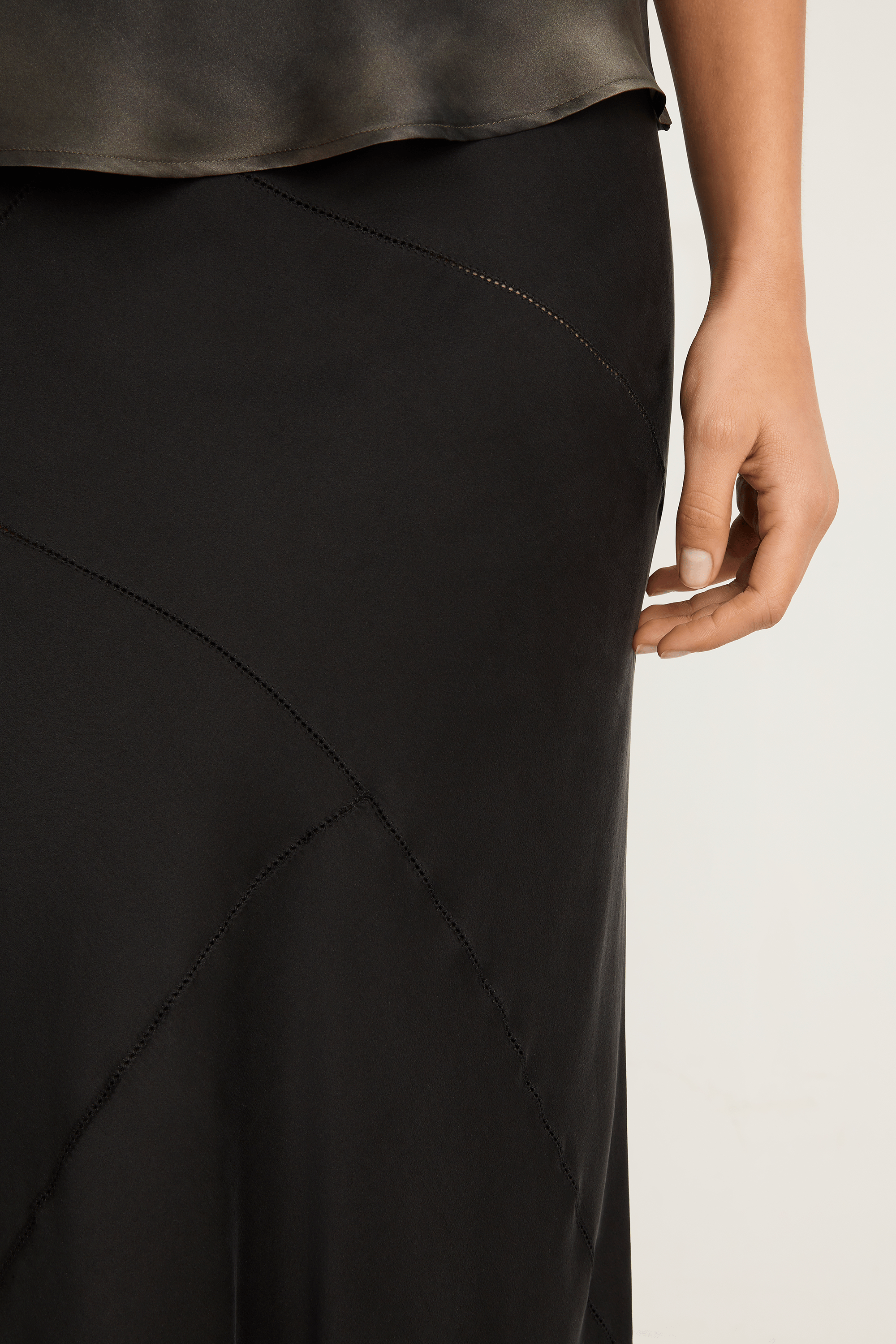 Silk Laundry Splice Long Bias Cut Skirt - Black