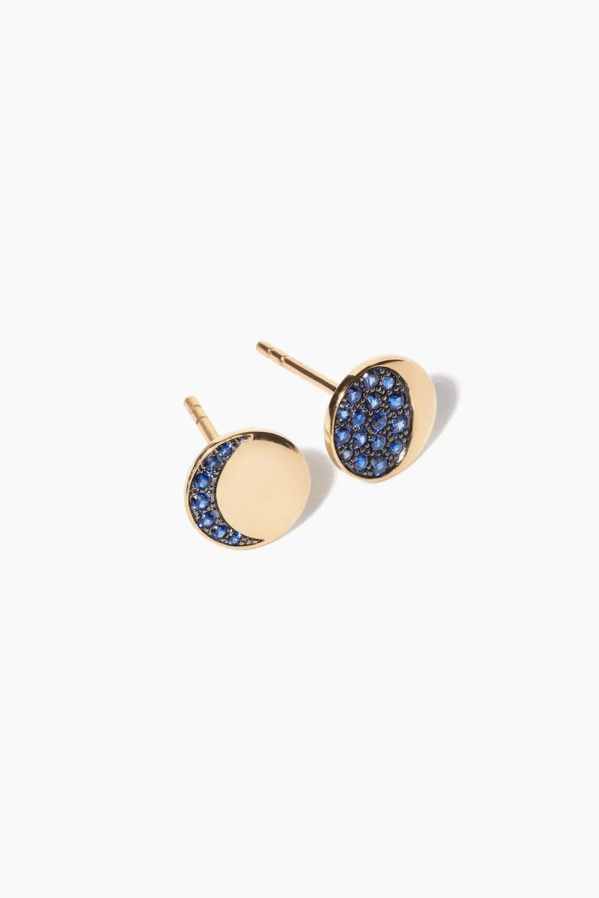 Pamela Love Mismatched moon studs earrings yellow gold blue sapphire ...