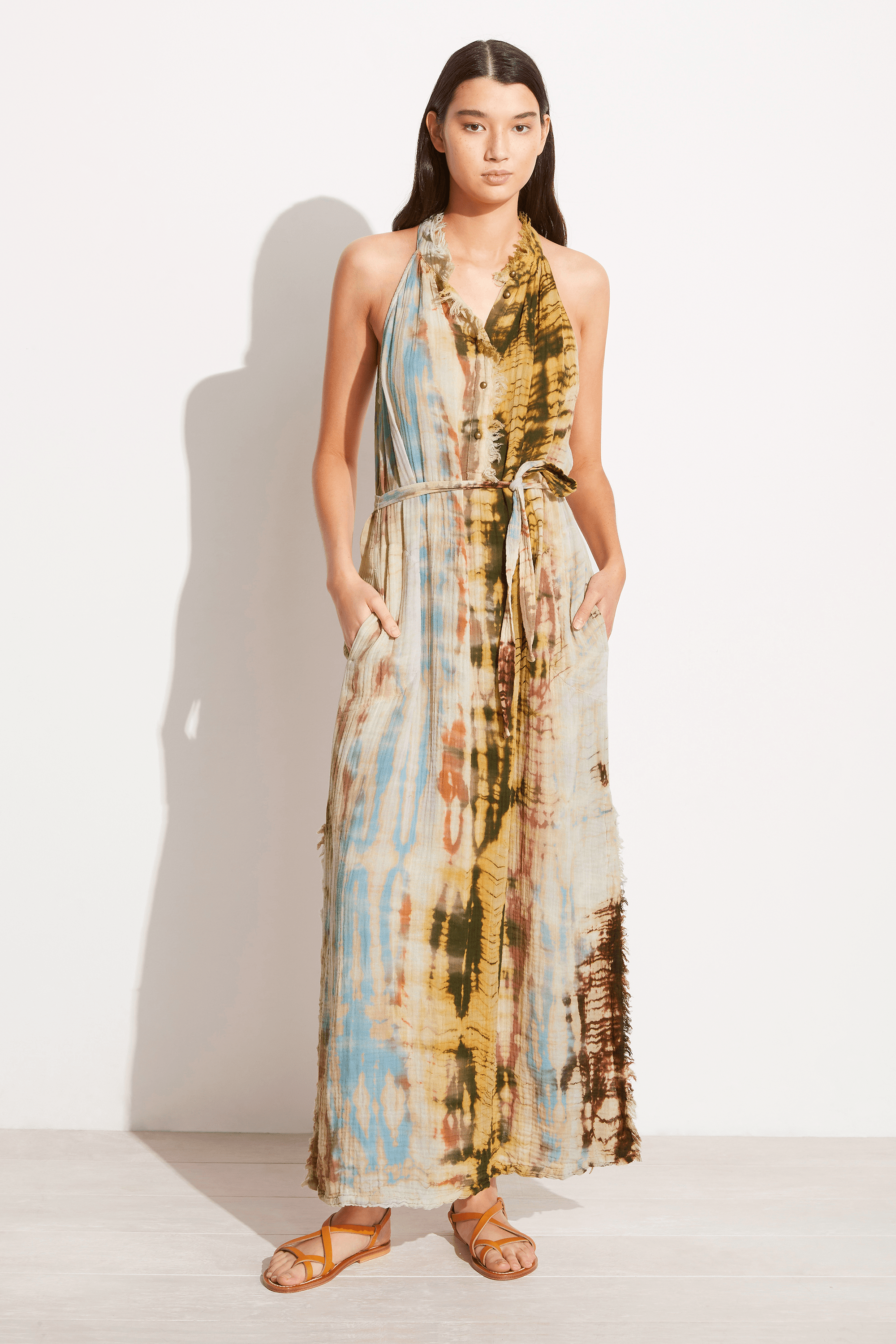 Raquel Allegra Halter dress in red yellow cliffs tie dye - SOLEIL